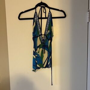 Stylish Blue and Green Halter Top Blue Crystals